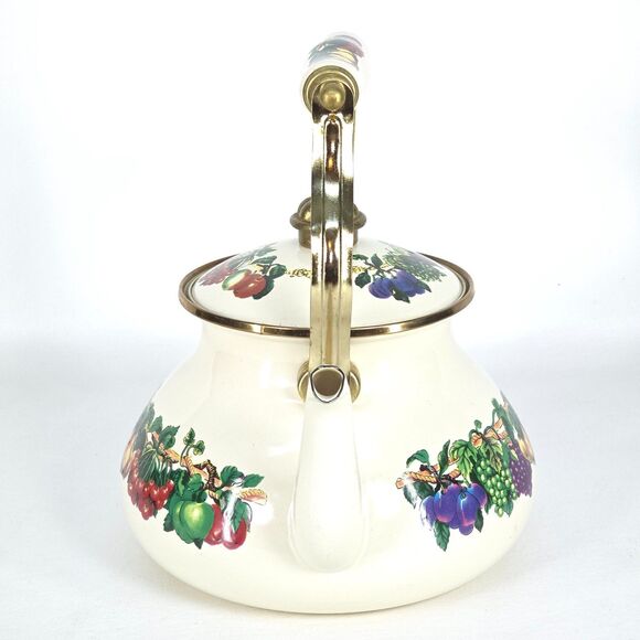 Vintage Metro Enamel Teapot Vitroceramic‎ VHTF Fruit Handle Kitchen Collectible - Picture 2 of 11